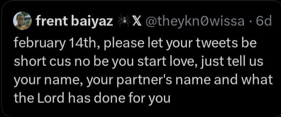 dee_colours's tweet photo. Name: Diezani
Partner's name: Dexter

What the Lord has done for us: God has given us a very safe and secure love

Happy Valentine's Day! https://t.co/rZPQqcrKNB