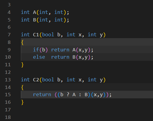 RicoTweet's tweet image. I realized when you have a branching call to two static function with the same signature you can actually use a ternary operator on the function name and reuse the call parameters... Not sure how to feel about that 🤔
#cplusplus #gamedev #lowlevel