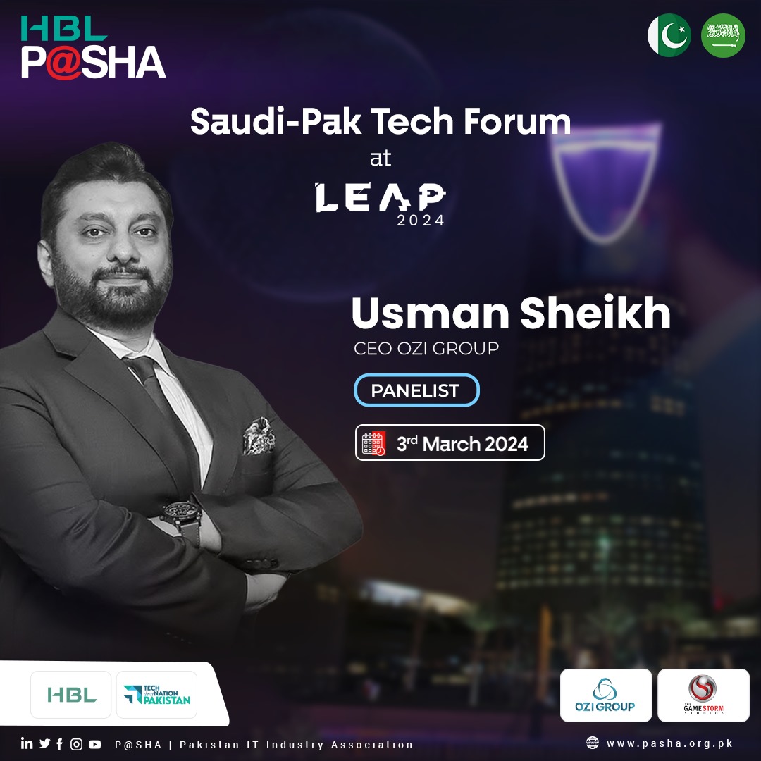 P@SHA is thrilled fo Welcome Usman Sheikh, CEO of OZI Group and Co-Founder of The Game Storm Studios (Private) Limited as a distinguished panelist at the Pak Saudi Tech Forum at #LEAP2024! Mr. Usman will bring along valuable insights on gaming ecosystem in Pakistan and #tech…