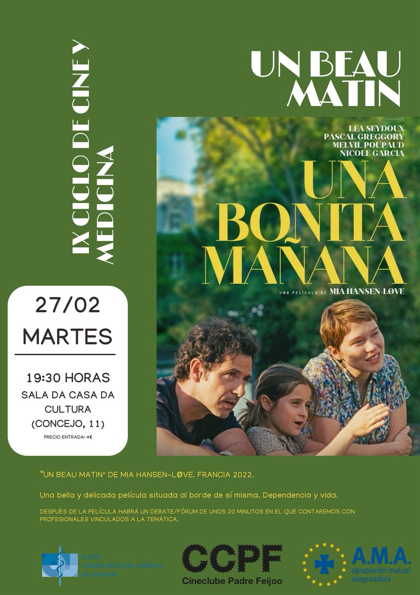 🎬 Inicia el IX Ciclo de Cine y Medicina con "Un beau matin". 
📅 Martes, 27 de Febrero, 19:30 en Casa da Cultura (Concejo 11). 
Película francesa sobre la dependencia. Debate con profesionales después. ¡Cine y reflexión! 🍿🗣️