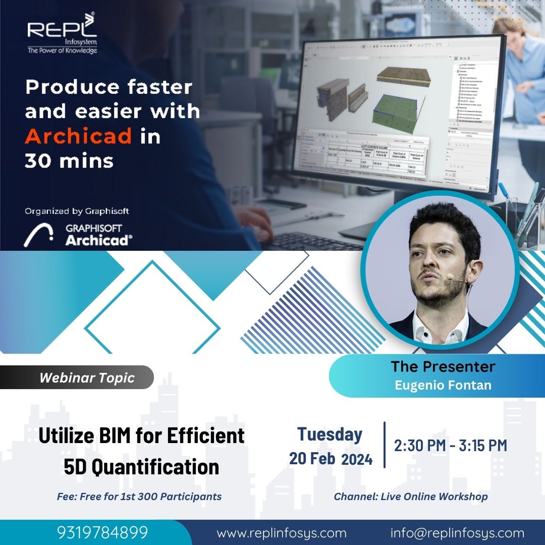 RIPL_Noida's tweet photo. We are excited to invite you to our highly anticipated #webinar, “Utilize #BIM for Efficient 5D #Quantification," where industry expert, Eugenio Fontan - will unveil the power of BIM technology and #Archicad’s groundbreaking quantification capabilities.

Enroll Today!
#RIPL https://t.co/x81N91mVk0