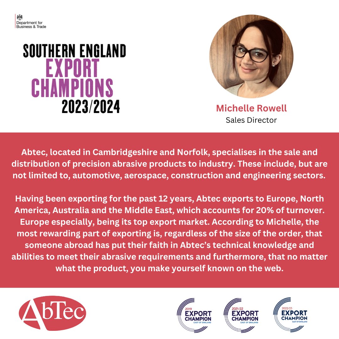 Abtec Sales Director Michelle features in Southern England Export Champions 2023/2024 brochure (page 24)

Check it out here ⬇️
canva.com/design/DAF0Pxh…

#ExportChampion #Exporting #Export #abtec #cambridgeshire #eastofengland #norfolk