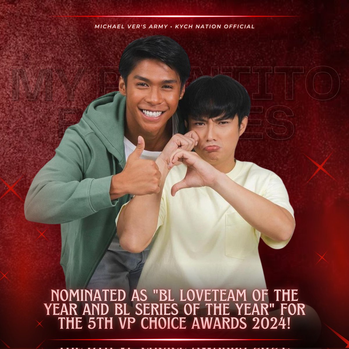 MichaelVerArmy's tweet photo. 𝐌𝐘 𝐏𝐋𝐀𝐍𝐓𝐈𝐓𝐎 starring Michael Ver and Kych Minemoto is nominated as "BL Loveteam of The Year and BL Series of The Year for the 5th VP Choice Awards 2024!

Voting will open on March 5 to April 5, 2024. Stay tuned to our social media pages for updates. https://t.co/PfXdx4n2xE