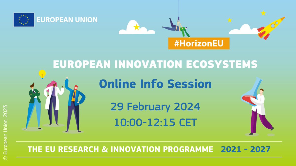 ⌛️ The #EUInnovationEcosystems info session will take place on 29 February.

Join online to learn about the open calls! A team of experts will share insights on the work programme &amp; application process.

⏰10:00-12:15 CET

Q&amp;A via Slido: #EIE2024
Register: europa.eu/!9CMP7h