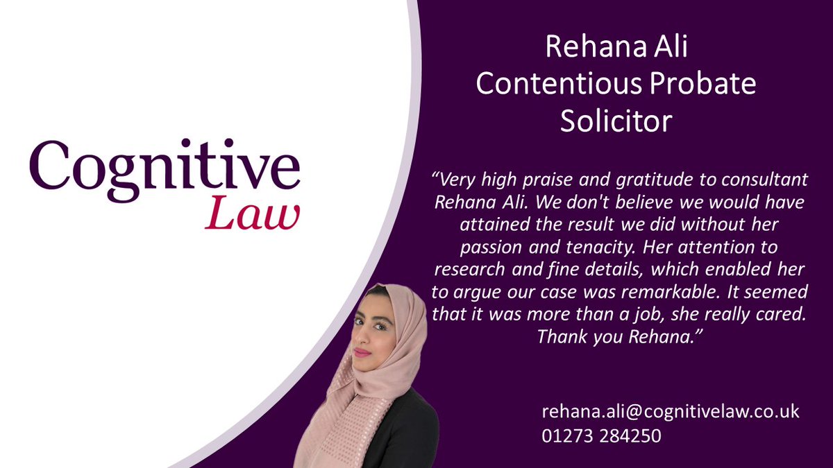 CognitiveLaw's tweet photo. Congratulations to Contentious Probate Solicitor Rehana Ali for this incredible testimonial! 

The testimonial says it all, Rehana is an empathetic and friendly litigator, whose client's best interests are paramount to the work she undertakes.

#happyclient #clientsatisfaction https://t.co/nTYyBaWzGa