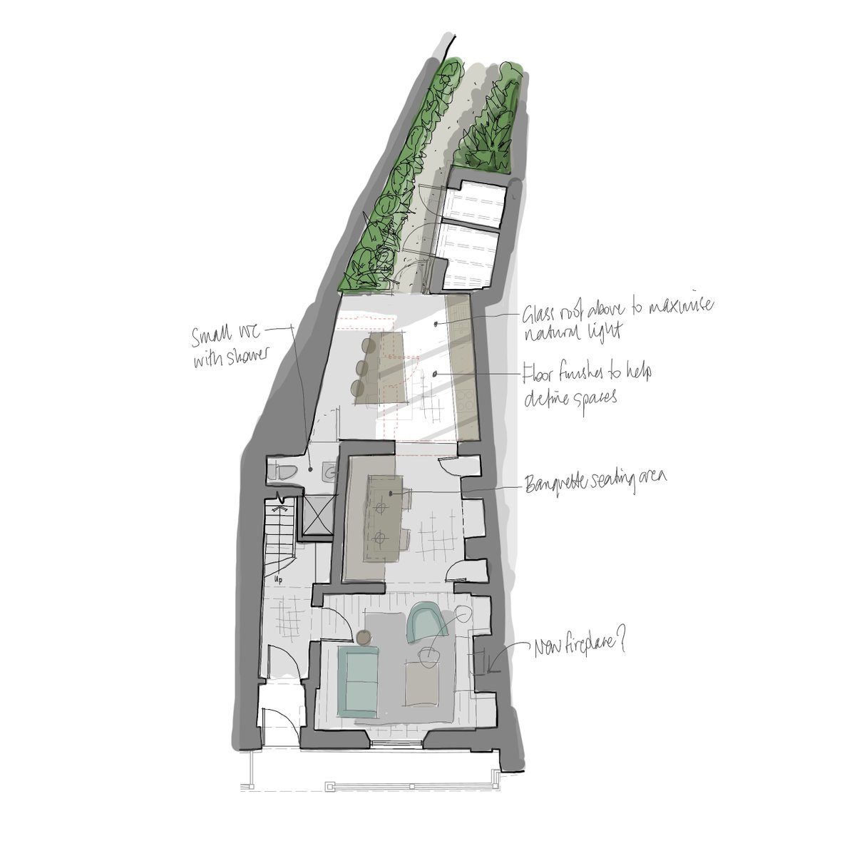 Sketch ideas for the renovation and remodelling of Grade II listed terraced property in Conservation area on the Devon coast, to create light, open plan living space connecting with the garden #designforlife #conservationarea #architecture #historicbuilding #loveDevon