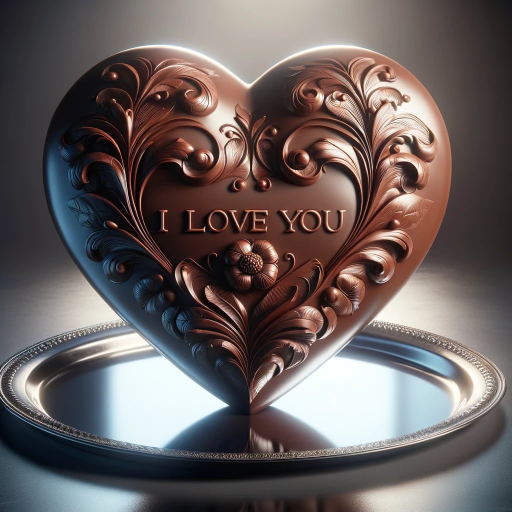 Indulge in the art of love with this exquisite chocolate heart, where culinary craftsmanship meets romance. Carved with 'I love you' and displayed on a silver platter, it's a sweet testament to affection and elegance. #SweetLove #ArtisanChocolate