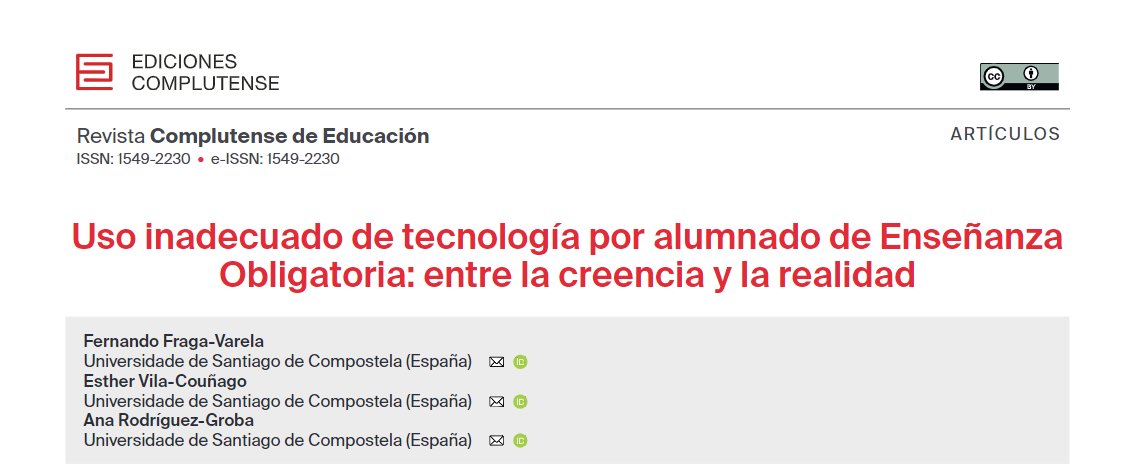 GrupoStellae's tweet photo. Fernando Fraga-Varela, Esther Vila-Couñago y Ana Rodríguez-Groba publicaron recientemente el artículo "Uso inadecuado de tecnología por alumnado de Enseñanza Obligatoria: entre la creencia y la realidad" en la Revista Complutense de Educación.  https://t.co/Uleg8fdRDN https://t.co/IJAdwcHE53