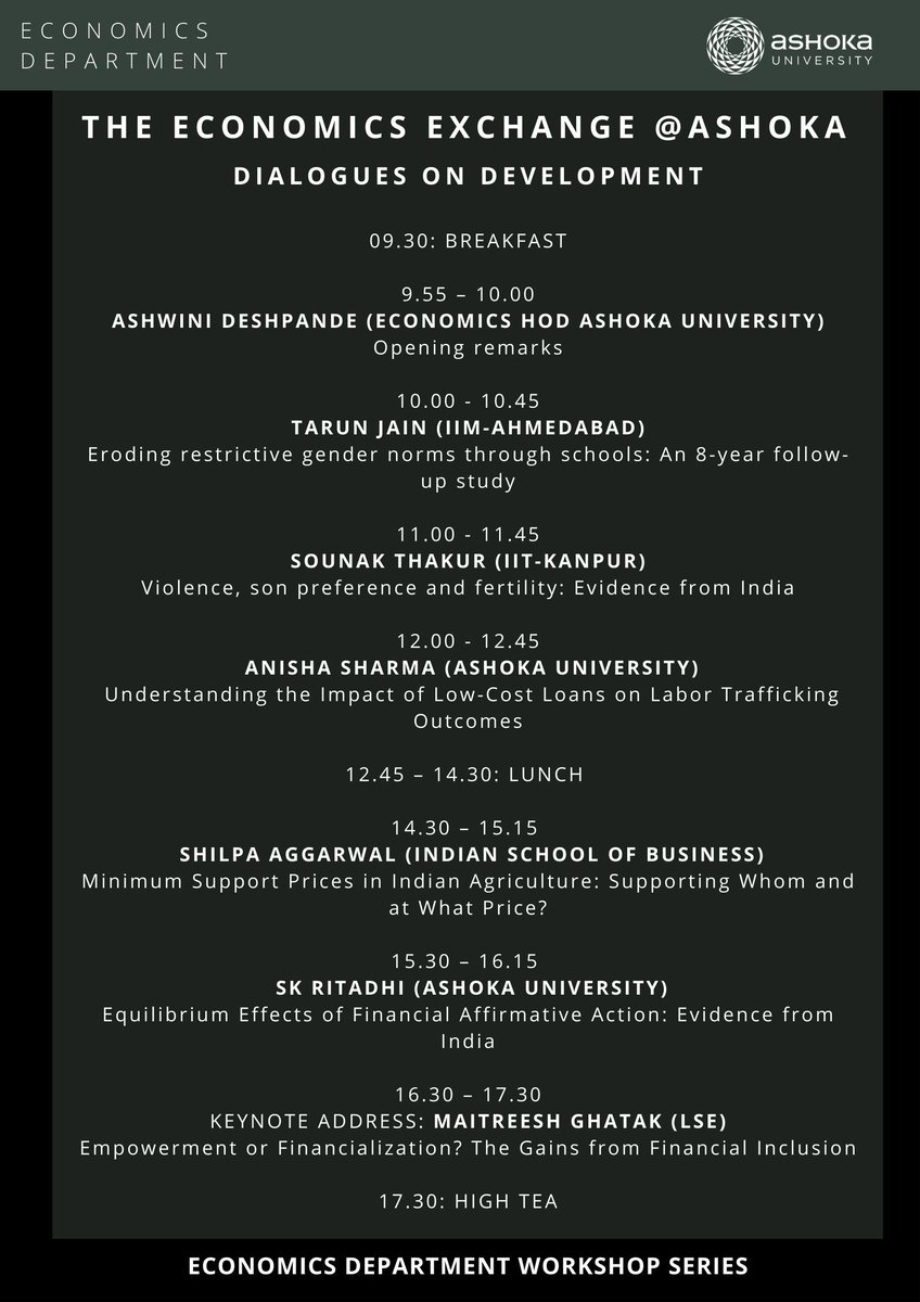 The Economics Exchange @EconAtAshoka, in partnership w ISID, will be held at ISI, not @AshokaUniv. Delighted to welcome our keynote speaker @maitreesh, along with @Hyderabadi_chai (IIMA), Sounak Thakur (IITK), Shilpa Aggarwal (ISB). @AbhiroopMukho @asanishasharma #EconTwitter