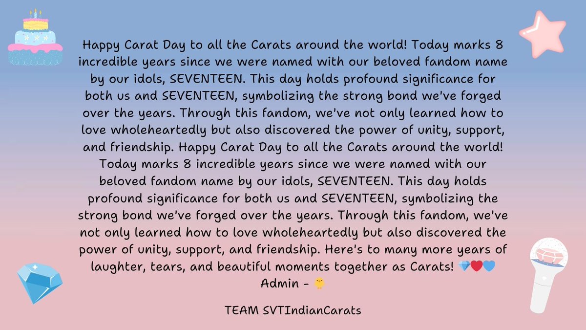 SVTIndianCarats's tweet photo. Thank you for being born pretty Carats!!💙💖To you who decided to walk along with these 13 boys, we are grateful to you for staying. Please be happy n healthy. 

Here's our messages to u💎

HAPPY 8FINITY CARATS
#올해도_세븐틴과_함께하는_캐럿데이 #4evawithSVT_CARATday
@pledis_17 https://t.co/NbuftGrRTH