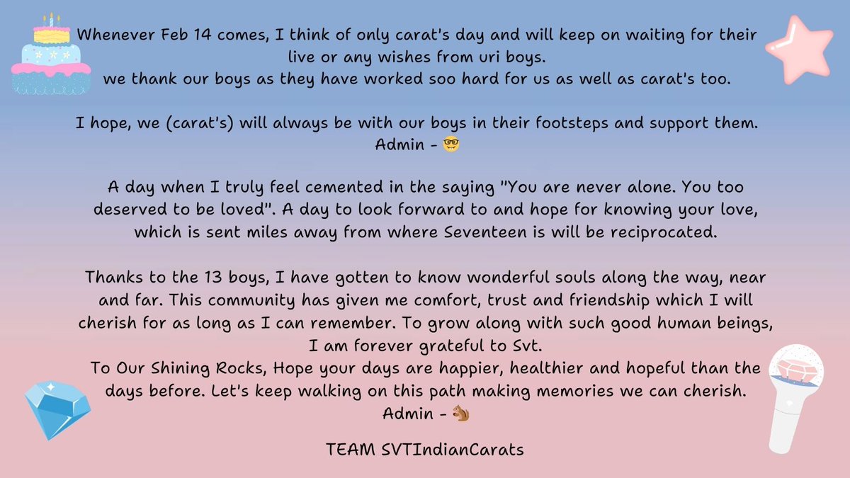 SVTIndianCarats's tweet photo. Thank you for being born pretty Carats!!💙💖To you who decided to walk along with these 13 boys, we are grateful to you for staying. Please be happy n healthy. 

Here's our messages to u💎

HAPPY 8FINITY CARATS
#올해도_세븐틴과_함께하는_캐럿데이 #4evawithSVT_CARATday
@pledis_17 https://t.co/NbuftGrRTH