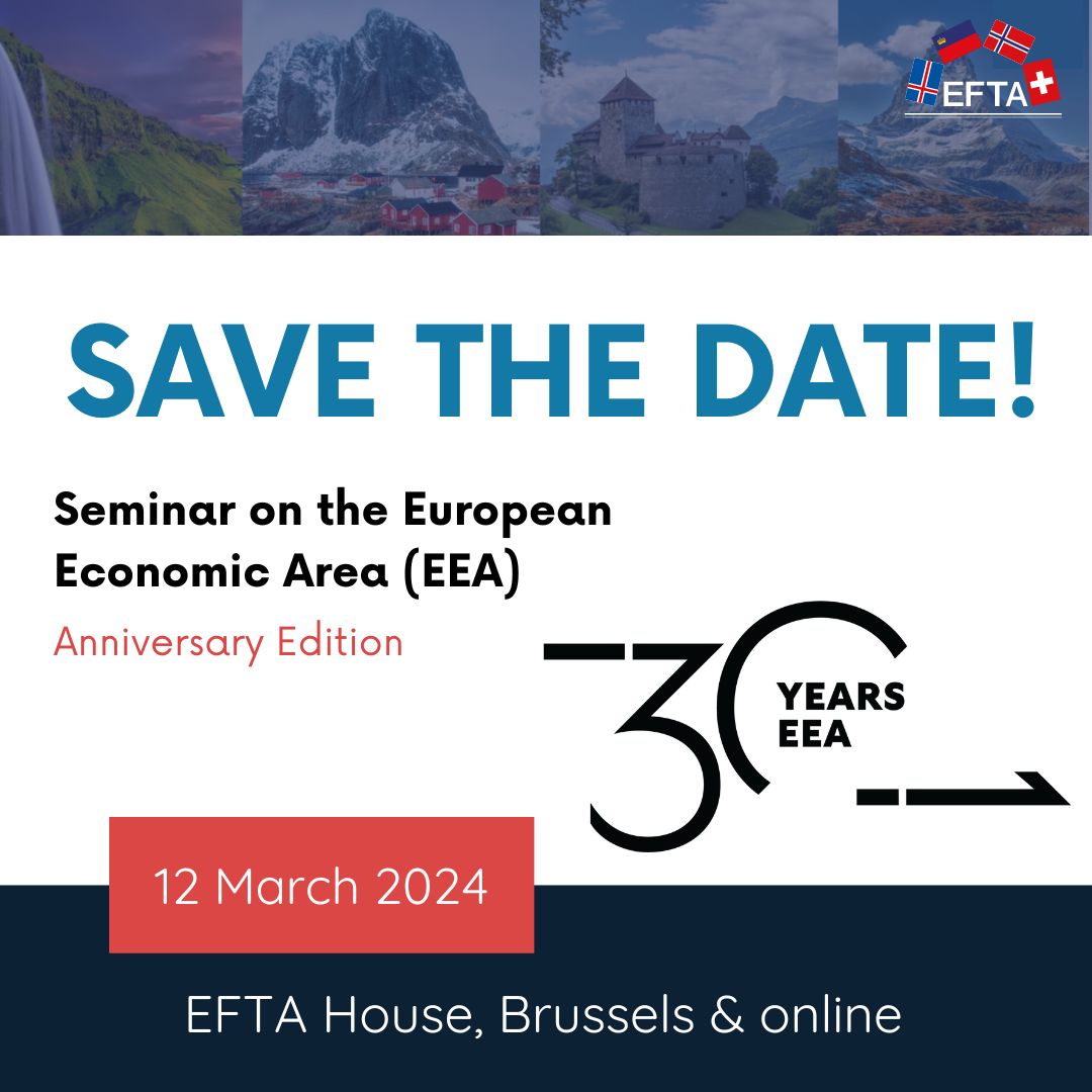 Registration is open now!🎊 Join us on 12 March for the special anniversary edition of the EEA Seminar, celebrating 30 years of the #EEAAgreement. Attend in person at EFTA House in Brussels or online 👉efta.int/Seminar-Europe…