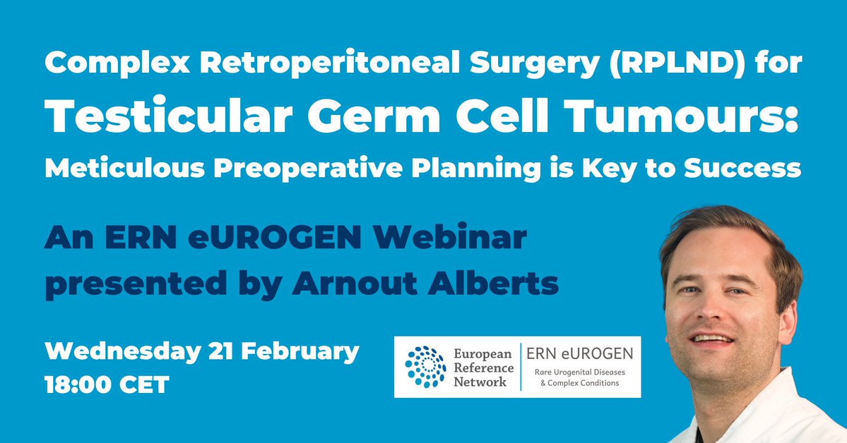 TONIGHT! Join this ERN eUROGEN webinar:
🖥 #RPLND for Testicular Germ Cell Tumours: Meticulous Preoperative Planning is Key to Success
👤 Arnout Alberts, @ErasmusMC
📅 Wed 21 Feb, 18:00 CET
🔗 bit.ly/ERNeUROGEN21Fe…
#RareDisease #UroSoMe #Urology #UroOnc #tscsm #TesticularCancer