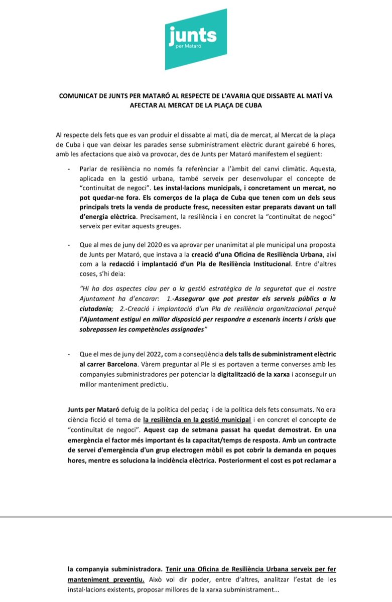 Junts per Mataró (@juntspermataro) on Twitter photo 📄 COMUNICAT
Avaria elèctrica <a href="/mercatcuba/">Mercat Cuba</a>
🔘 6/2020: s'aprovà al #PleMataró proposta de Junts.
➡️ Oficina de Resiliència Urbana.
❌️Defugim la política del pedaç i fets consumats.
L'Oficina serveix per analitzar l'estat de les instal·lacions, proposar millores en la xarxa... 📄 COMUNICAT
Avaria elèctrica <a href="/mercatcuba/">Mercat Cuba</a>
🔘 6/2020: s'aprovà al #PleMataró proposta de Junts.
➡️ Oficina de Resiliència Urbana.
❌️Defugim la política del pedaç i fets consumats.
L'Oficina serveix per analitzar l'estat de les instal·lacions, proposar millores en la xarxa...