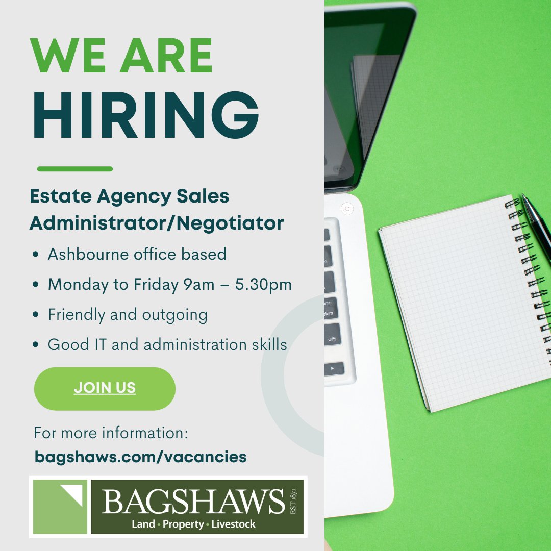 💚👋💚👋💚👋💚👋💚👋

Job Vacancy!!

FULL TIME 
Estate Agency Sales Administrator/Negotiator

To apply, please send your CV and a covering letter (closing date February 23rd) to the Practice Manager  jo.ross@bagshaws.com.

Link to the role here:  bit.ly/3SYLDhh