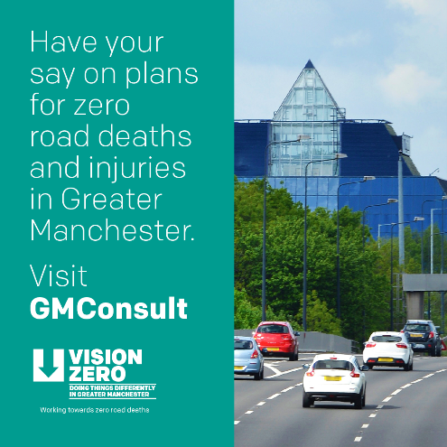 GMCA are working with road safety partners across Greater Manchester on #VisionZeroGM – a plan to eradicate deaths and life-changing injuries from our roads by 2040. Help us make our city-region’s roads safer by telling us about your experiences 👉 gmconsult.org