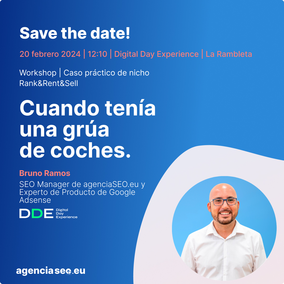 ❗ Save The Date!

📆 El próximo 20 de febrero, nuestro SEO Manager, <a href="/brunoramoslara/">Bruno Ramos Lara</a> impartirá un taller en el #DDE2024 de <a href="/IEM_BS/">▷ IEM Digital Business School</a> 

💻 Caso práctico de nicho Rank&amp;Rent&amp;Sell, "Cuando tenía una grúa de coches".

📍A las 12:10 en <a href="/La_Rambleta/">Rambleta</a>

¡Imperdible! 🚀