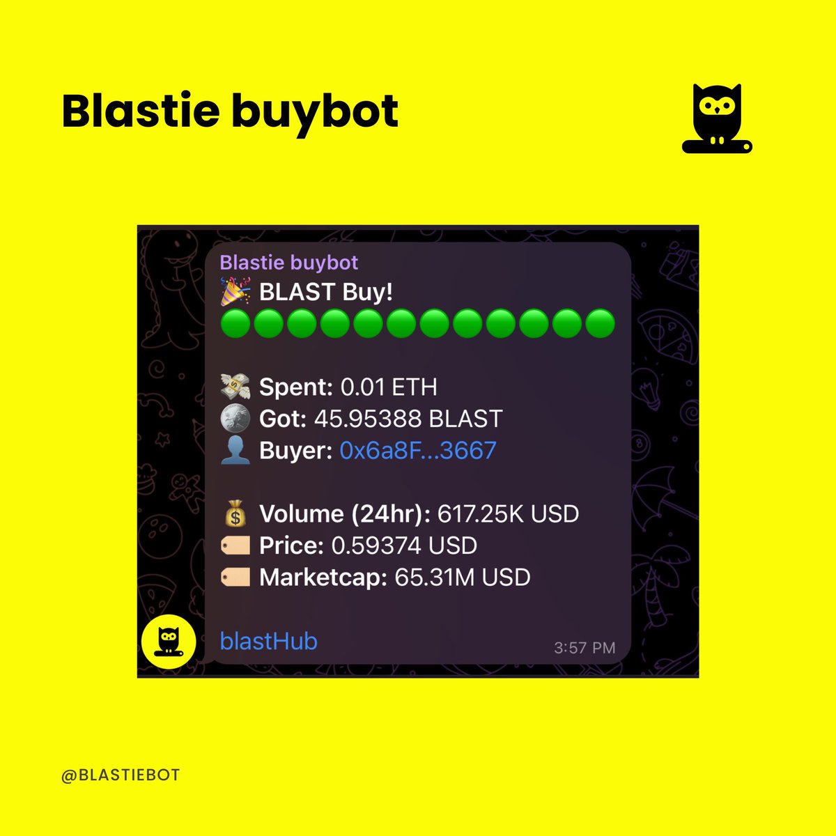 blastiebot's tweet photo. Buybot Update:

Now Blastie buybot supports  @ThrusterFi 💥

Create position on Thruster and use Blastie buybot for buy notification on telegram group. 🤝

Try now: https://t.co/6GOqYLlpYS https://t.co/w5Fe4dfBPI