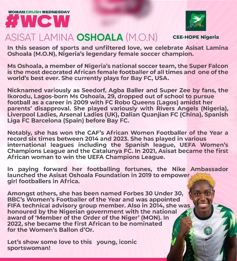 ceehopenigeria's tweet photo. On this #ValentinesDay we celebrate an iconic young Nigerian whose strides in the soccer world is an inspiration to everyone, @AsisatOshoala. #HappyValentine!
#womancrushwednesday
#womanonthemove
#womenssoccer
#womancrush
#Asisat
#football
#stargirl
#soccer
#wcw
⚽️
🌹 https://t.co/Z0ivx8iBCy