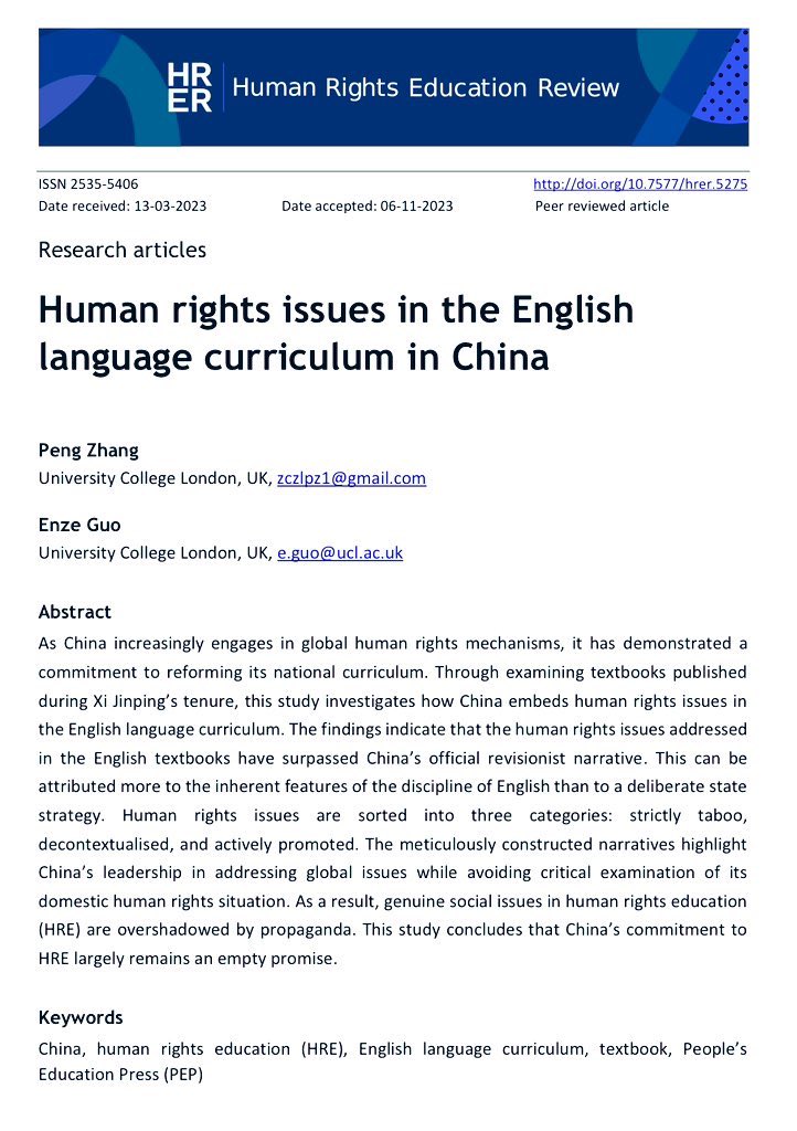 Has China embedded human rights issues into textbooks as it promised? Here is the answer 👉🏼doi.org/10.7577/hrer.5…