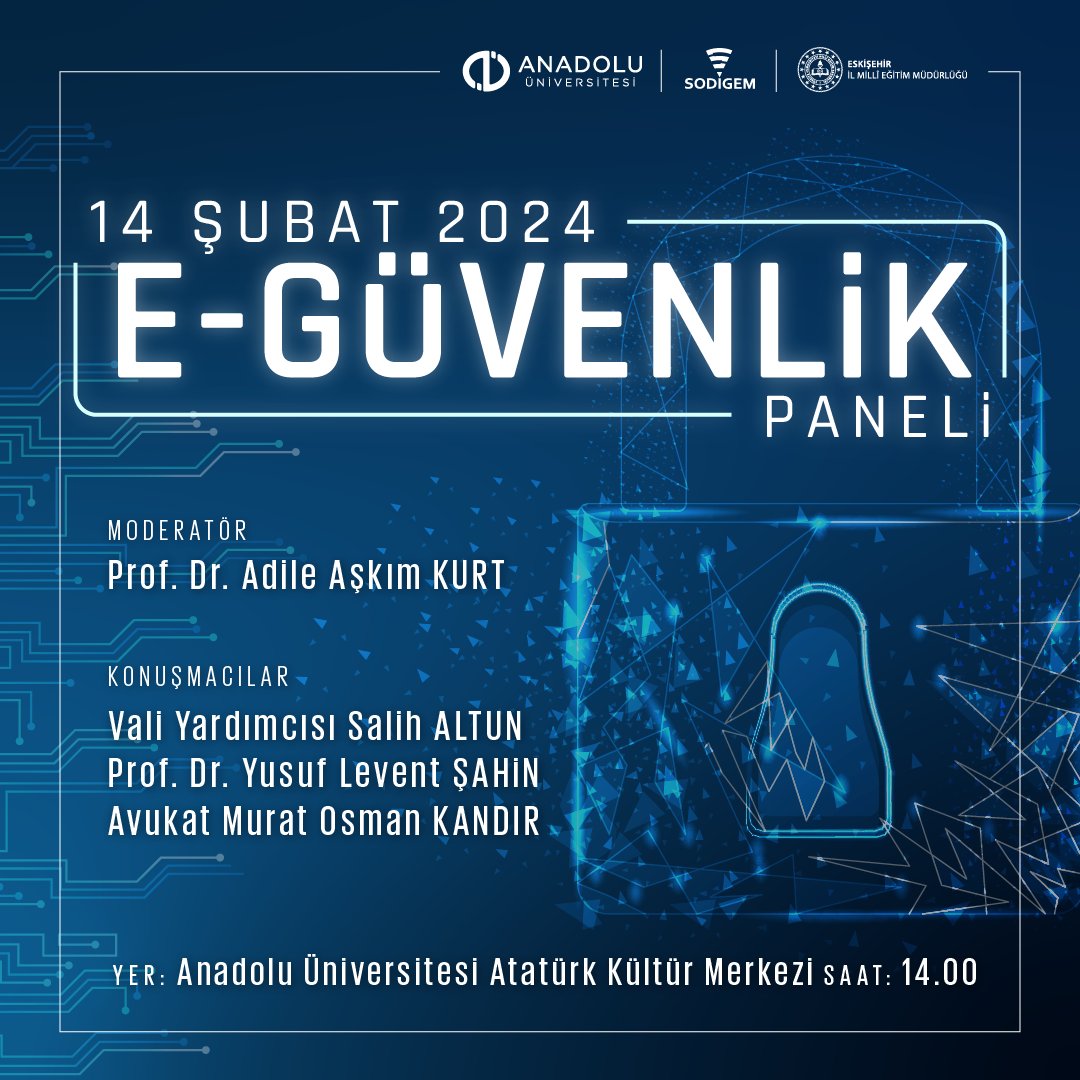 anadolusodigem's tweet photo. SODİGEM tarafından Eskişehir İl Milli Eğitim Müdürlüğü ile birlikte düzenlenen e-Güvenlik paneli bugün saat 14.00'te Anadolu Üniversitesi Atatürk Kültür ve Sanat Merkezi'nde gerçekleşecektir.
#SiberGüvenlik #DijitalGüvenlik #eGüvenlik #CyberSecurity #DigitalSecurity #eSecurity https://t.co/C0gYyQwyRm