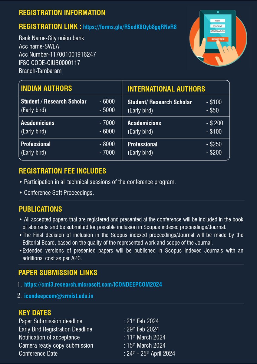 SRM_Univ's tweet image. #SRMIST invites all Research Aspirants!!✨

#DepartmentofComputingIntelligence, School of Computing, Ktr -  organizing the 3rd International Conference on Deep Sciences for Computing and Communications (#IconDeepCom2024) on April 24th and 25th, 2024