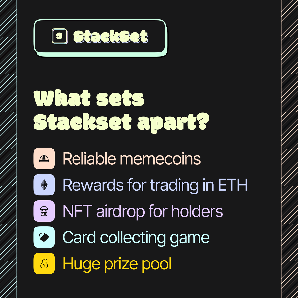 stackset_'s tweet photo. What makes Stackset special?

Summary:
✦ Full transparency in memecoin launching
✦ Apart from speculative income, traders earn NFTs
✦ NFTs can be sold for profit or stacked
✦ Stack builders earn a share of a huge $ETH prize pool ($20K+ expected)

Launching on Feb 20th. https://t.co/mLxPCdZC0l
