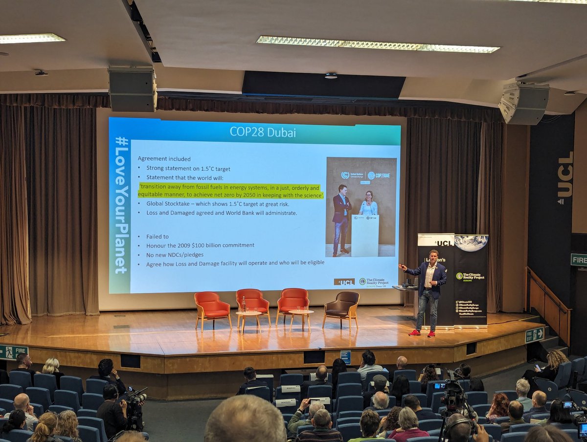 Today @UCL host #LoveYourPlanet, discussing the outcomes of #COP28 and what businesses, policy makers, academics and communities must do to secure a healthy future. Watch the full programme live youtube.com/watch?v=3SEnl5… 📸: @LancetCountdown author @ProfMarkMaslin presents on COP