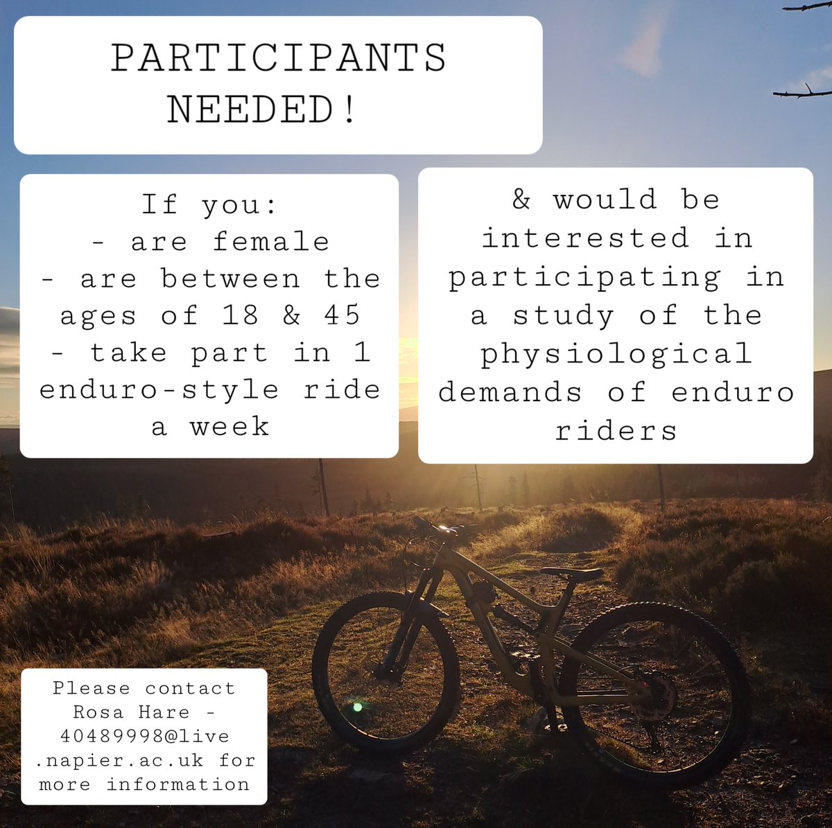 Lesley Ingram-Sills (@drlesleyingram) on Twitter photo Calling all #female #MTB riders in #Edinburgh
Are you 18-45 years old?
Can spare 2hrs twice
We are exploring specific testing for MTB riders
You will get a #free #VO2max and #lactate #threshold test worth over £200
Please RT
Contact 40489998@napier.ac.uk if interested Calling all #female #MTB riders in #Edinburgh
Are you 18-45 years old?
Can spare 2hrs twice
We are exploring specific testing for MTB riders
You will get a #free #VO2max and #lactate #threshold test worth over £200
Please RT
Contact 40489998@napier.ac.uk if interested