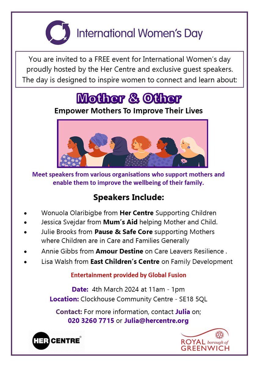 HERCentre's tweet photo. Join us to celebrate #InternationalWomensDay on Monday, 4th March 2024 at #ClockHouseCommunityCentre, SE18 5QL.
Hear top speakers from the #MumsAid, #PauseandSafeCore, #AmourDestine, #EastChildrensCentre & from the #HerCentre. https://t.co/NuyxCvg6MW