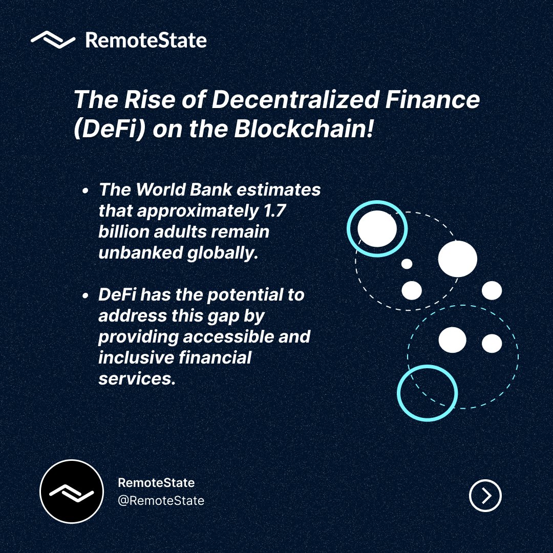RemoteState's tweet photo. In recent years, the financial landscape has witnessed a paradigm shift with the advent of DeFi. 

DeFi aims to revolutionize traditional banking, lending, and financial services by introducing a decentralized and open-source framework.

#DeFiRevolution #BlockchainFinance #Crypto https://t.co/OyWurQgNFh