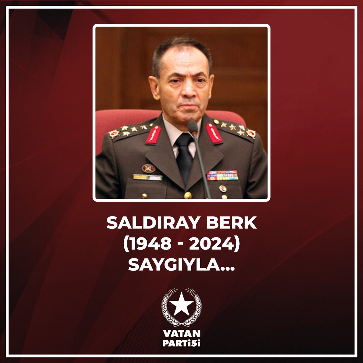 Vatan_Partisi's tweet photo. FETÖ kumpaslarına karşı amansız mücadele eden kahraman komutanımız ve partimizin kıdemli yöneticisi Saldıray Berk'i sonsuzluğa uğurluyoruz.

Büyük milletimizin başı sağ olsun. https://t.co/HJKxg1G4A4