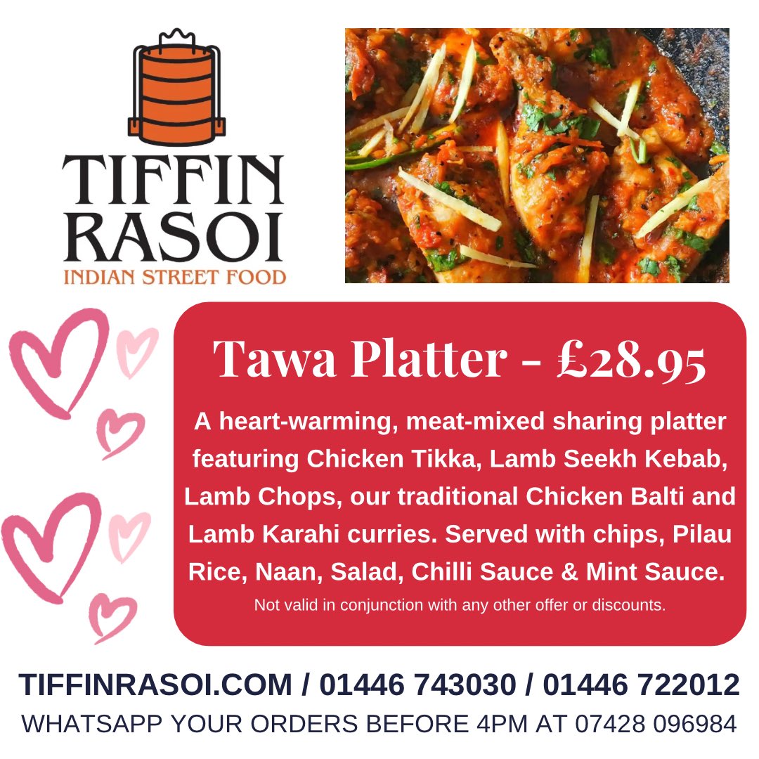 Tawa Platter - £28.95
A heart-warming, meat-mixed sharing platter!

PRE ORDER ONLINE @ TIFFINRASOI.COM 
WHATSAPP YOUR ORDERS BEFORE 4PM 
AT 07428 096984

01446 743030 / 01446 722012
TELEPHONE ORDERS TAKEN FROM 5PM

#barry #barrytown #barryisland #barrybados