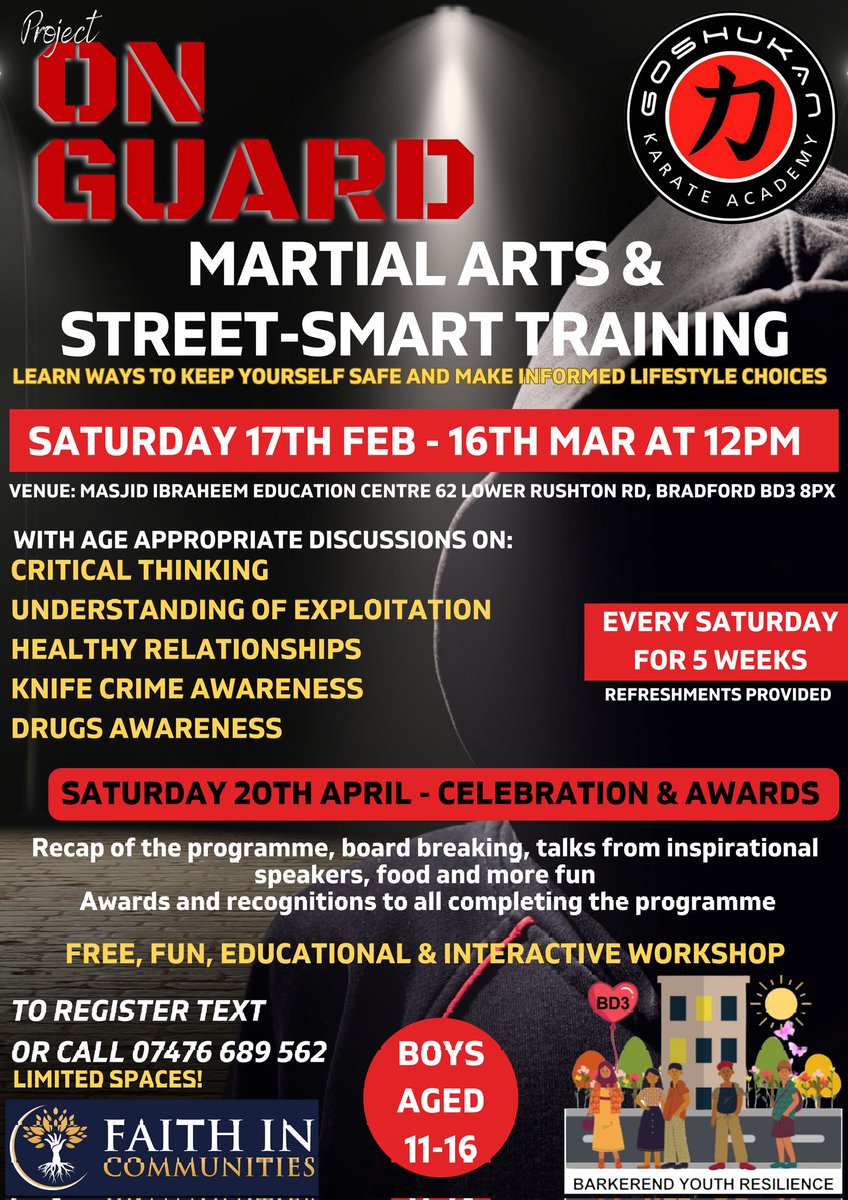 Pleased to confirm, we will be running our #ProjectOnGuard programme aimed at supporting boys in BD3 as part of the #YouthResilience Programme. Starting this Saturday, 17th at the local Masjid Ibraheem. #YouthEmpowerment #YouthEducation #YouthSafety #VAWG