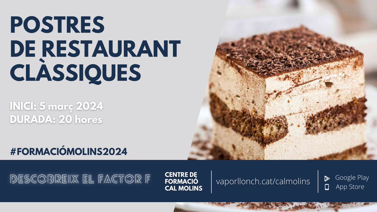 👨‍🍳Si treballes al sector de la restauració, t'interessa:

POSTRES DE RESTAURANT CLÀSSIQUES

✅Aprofundeix en el coneixement de les postres tradicionals, tant autòctones com internacionals
🗓5-19 març
🕓Dimarts i dimecres de 16:30 a 20:30 h

🔗bit.ly/49gLLOM