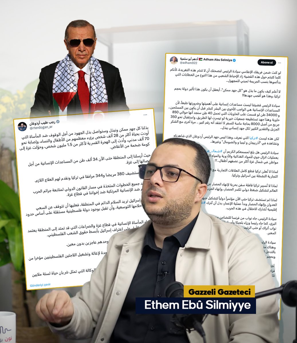 🔴 Gazzeli gazeteci Ethem Ebû Silmiyye, Cumhurbaşkanı Erdoğan'ın Arapça hesabından yayınlanan 'Gazze için çabalarımızı sürdüreceğiz' tweetine yanıt verdi: 'Sayın Başkan, eğer medya ekibinizin bir parçası olsaydım, bu tweet'i yayınlamamanızı tavsiye ederdim, çünkü bu konu…