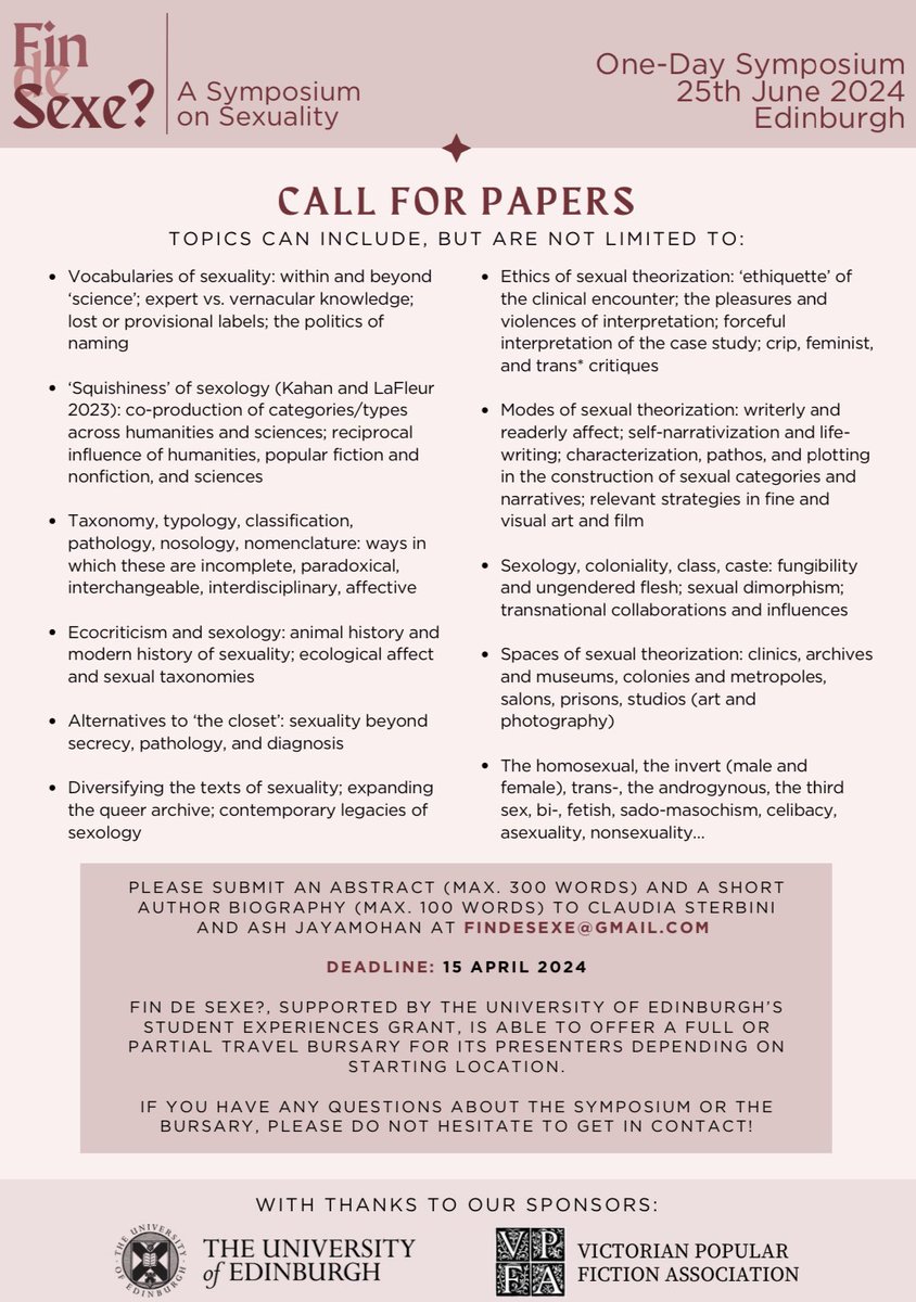 🚨CFP: Fin de Sexe? (25 Jun) invites papers on how, where, & why sexual knowledge was produced, contested, eroticized & troubled at the fin de siècle, across all disciplines. Keynote by @Heike_Bauer! Travel grants available. Deadline: 15 Apr! Full text: tinyurl.com/findesexe