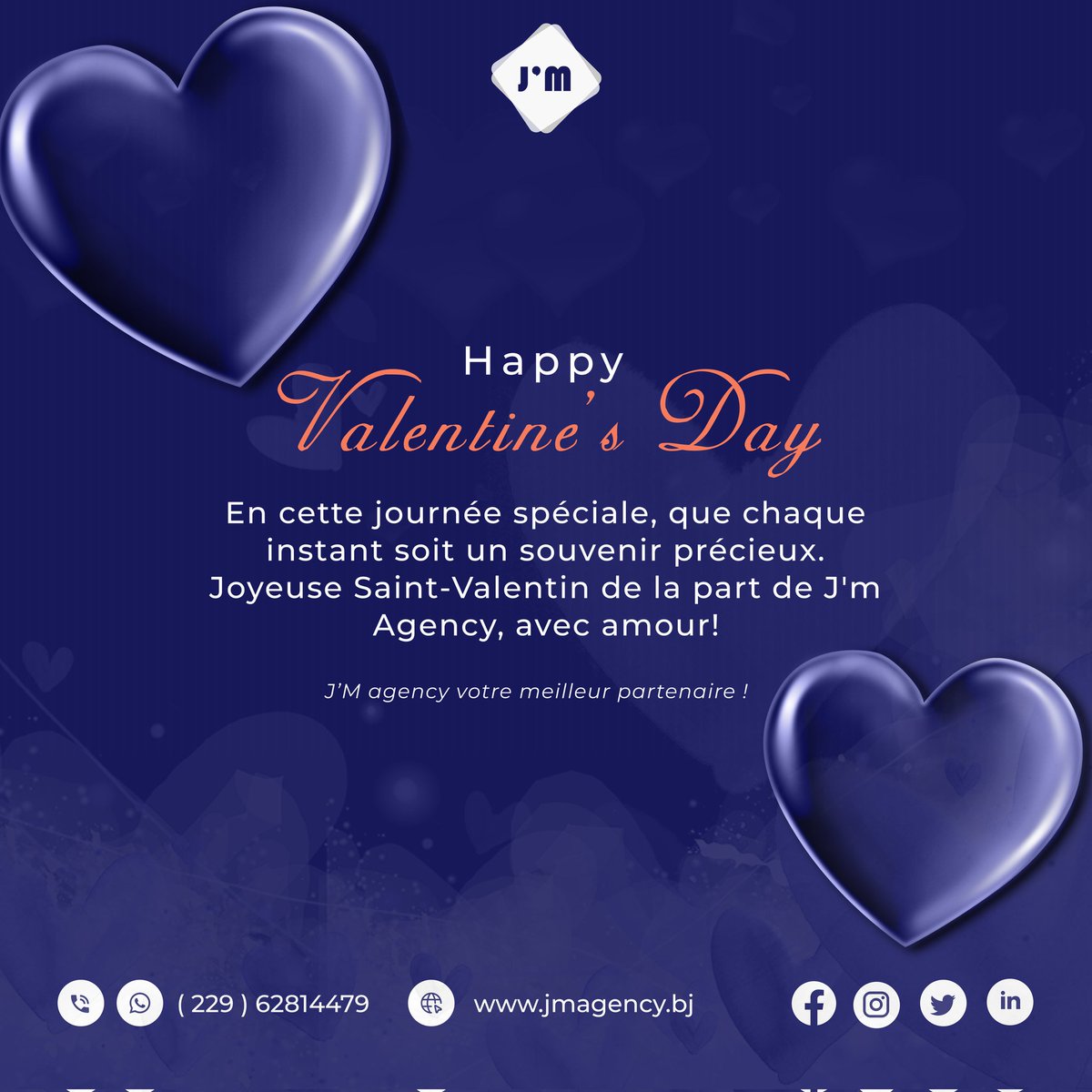 jmagencybj's tweet photo. 💖 À notre incroyable équipe de choc, à nos clients et partenaires estimés : Joyeuse Saint-Valentin de la part de J'M AGENCY !
Laissez l'amour pour votre travail briller comme jamais auparavant. ✨

Au plaisir de vous rencontrer ! 
 contact@jmagency.bj 
https://t.co/wbGA9UDegz https://t.co/1c8cO7iXAz