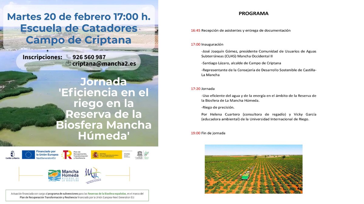 CUAS MANCHA OCCIDENTAL II organiza una jornada sobre eficiencia en el riego el día 20 de febrero en Campo de Criptana (horario de tarde). LOS INTERESADOS DEBEN REALIZAR INSCRIPCIÓN PREVIA