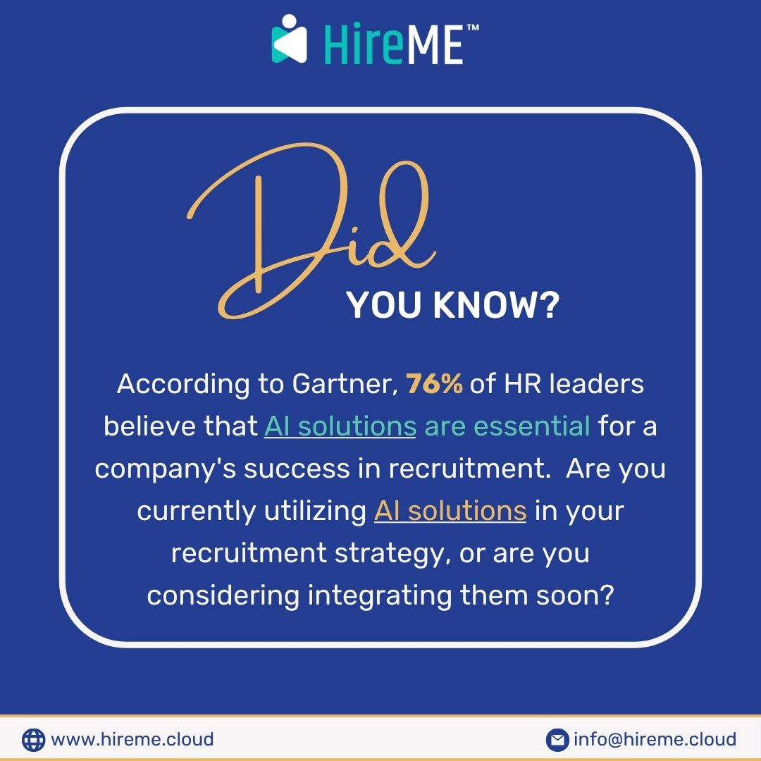 Did you know? According to #Gartner, 76% of #HR leaders believe AI is crucial for #recruitment success! Are you harnessing AI in your recruitment strategy yet? If not, it's time to improve your game! Try #HireME's #AI-powered #ATS with a free trial now: hireme.cloud/contact-us