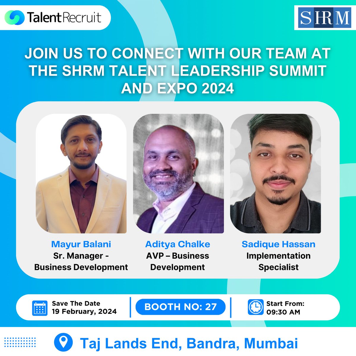 Talent Recruit excitedly joins The SHRM India Talent Leadership Summit & Expo 2024!

📅 Date: 19th Feb 2024 
📍 Location: Taj Lands End, Mumbai 
🎪 Booth No: 27

Join us to explore talent strategies & meet our team.

#shrmindiatalent #hr #TalentRecruit'