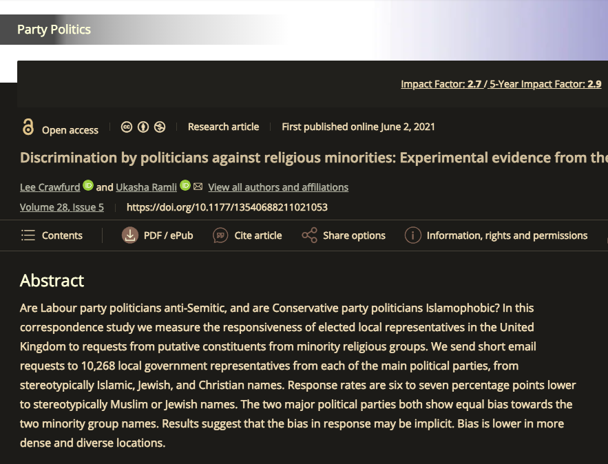 leecrawfurd's tweet photo. As anti-semitism in the Labour Party is back in the news, re-sharing research by @KashRamli and I showing implicit bias against both Jewish and Muslim constituents by both Labour and Conservative local politicians

https://t.co/THs2DlqiEW https://t.co/MwVTP3dFB5