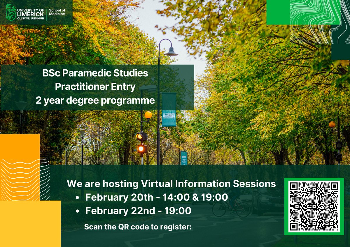 Are you a registered Paramedic, looking to obtain a BSc in Paramedic Studies at University of Limerick? We are hosting virtual info sessions next week on the below dates, scan the QR code or click the link to register your interest. forms.office.com/e/uKPVLVRVsa