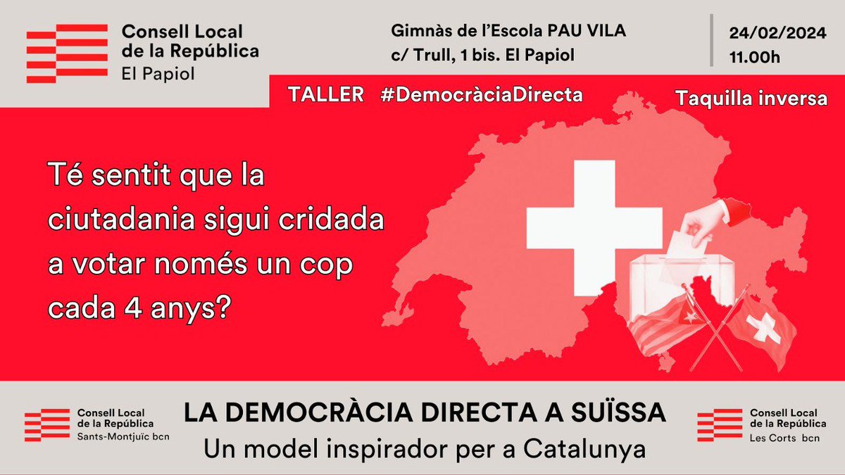 📌 QUÈ ÉS LA #DEMOCRÀCIADIRECTA ❓

Et convidem a EL PAPIOL el dssabte 24 de Febrer a les 11 del matí. NO T'HO PERDIS‼️

🔵 Inscripció:
forms.consellrepublica.cat/public/1707061…

Si no ets membre del Consell Rep:
📬 ElPapiol@consellslocals.cat
✳️ TAQUILLA INVERSA  

T'hi esperem!!