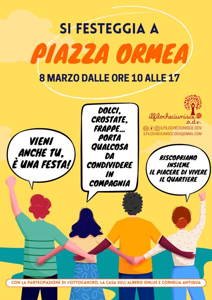 #Casalotti Venerdì 8 Marzo, siete tutti invitati alla festa organizzata dall'associazione ILFILOCHECIUNISCE ODV che si terrà a Piazza Ormea dalle 10:00 alle 17:00. Riscopriamo insieme il piacere di vivere il quartiere ❤️
