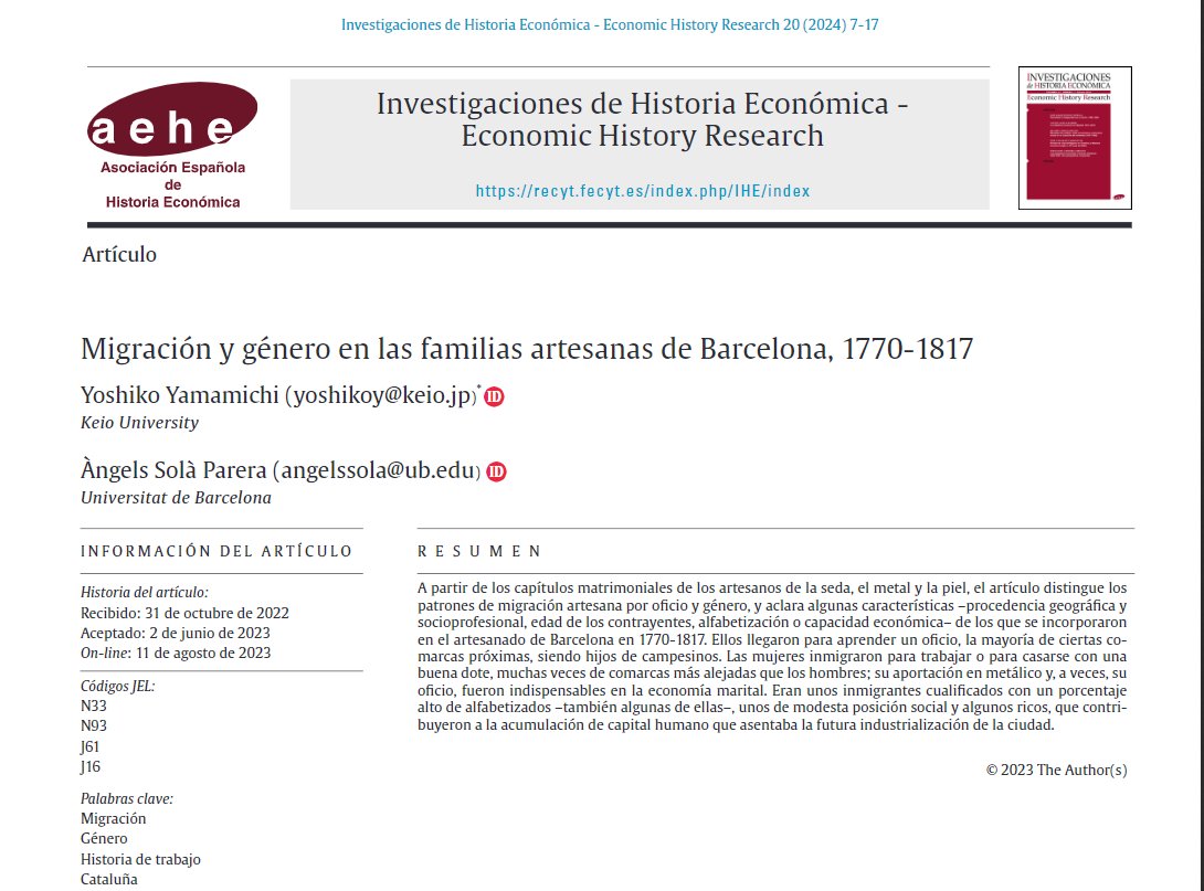 Comenzamos con nuestras recomendaciones de #IHE_EHR vol. 20(1) (2024, febrero) 📖“Migración y género en las familia artesanas de Barcelona, 1770-1817” Por Yoshiko Yamamichi de Keio University y Àngels Solà de @UniBarcelona recyt.fecyt.es/index.php/IHE/… #econhist #OpenAccess