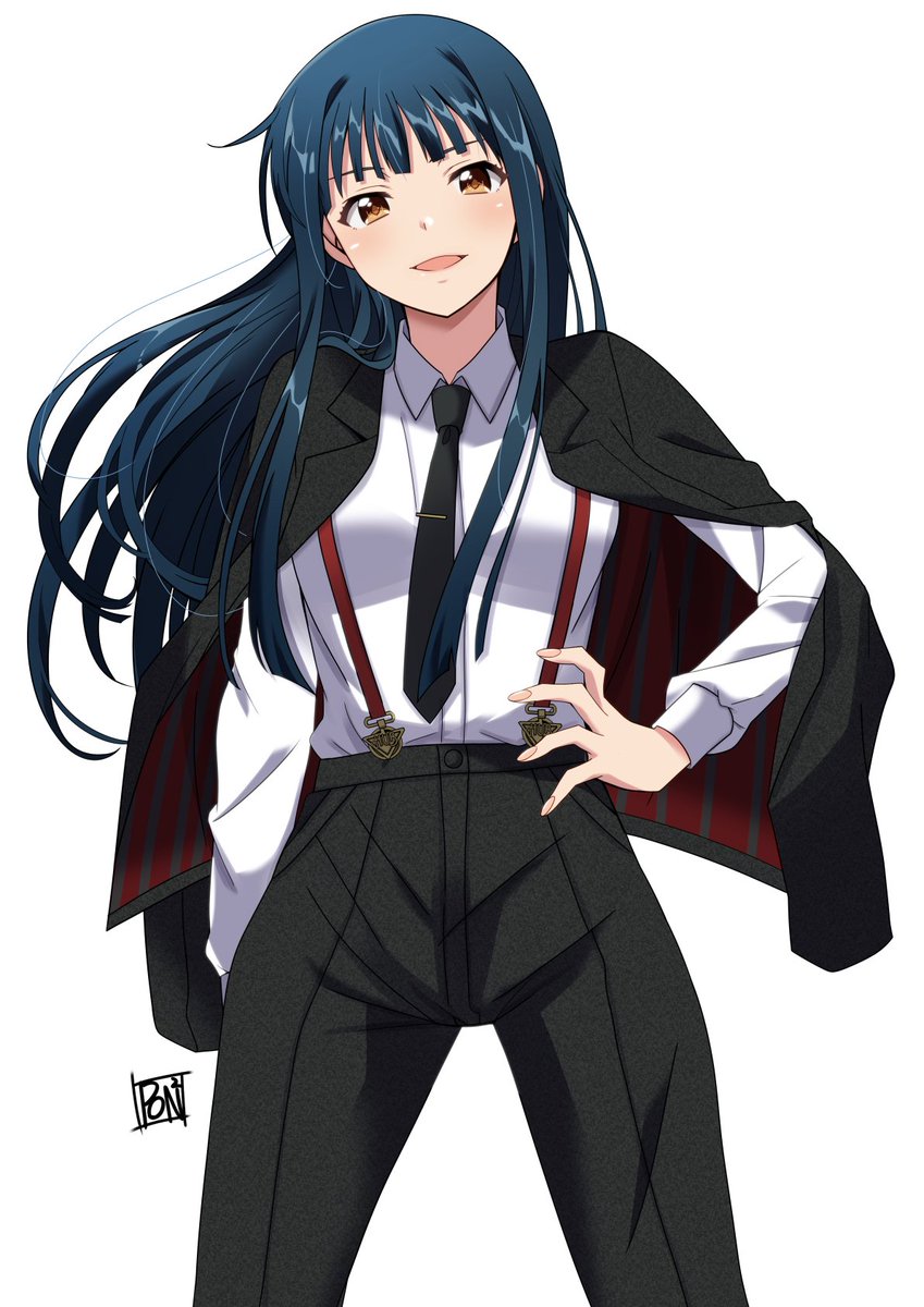 1girl solo long hair necktie jacket pants suspenders  illustration images