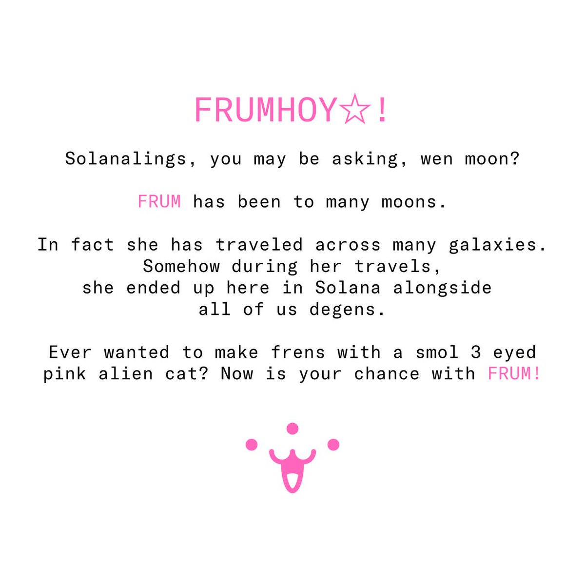 frumhoy's tweet photo. Frum us to U (o,o,o)

FrumHoy is geared up and getting ready for moon landing 🌚

Lets do a giveaway before some major Mews 💹

Giving away a bag of $FRUM to some lucky people in the replies 💰Drop your #SOL address ⬇️ https://t.co/wiRtFFJpBc