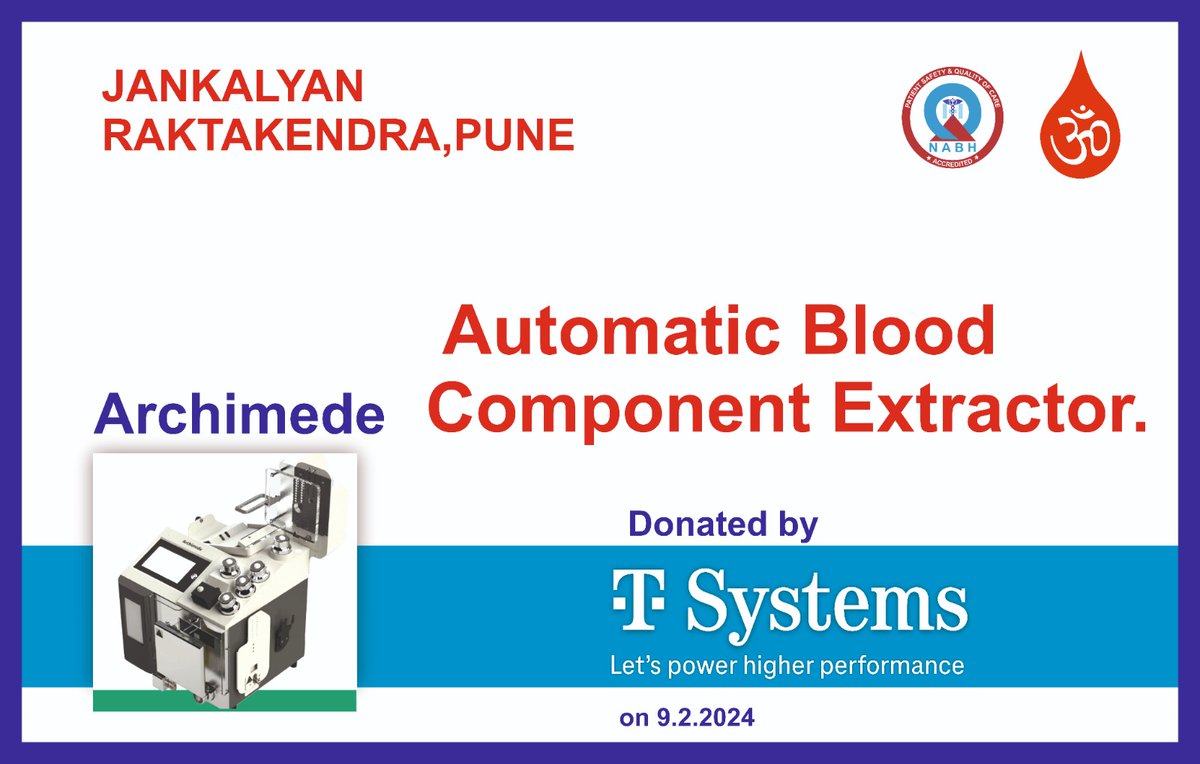 jkbbpune's tweet photo. One more feather in the cap!!
#JankalyanBloodBank recently launched one more automatic component extractor... The most advanced technology for component separation used globally. Under CSR activity of renowned IT Company T SYSTEMS who recently handed over the machine.
#JKBC https://t.co/mpShDLxYzd