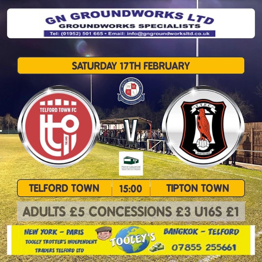 TelfordTownFC's tweet photo. SATURDAY 17TH OF FEBRUARY
Telford Town v Tipton Town kick off 3pm
The Hamer leisure stadium
This Saturday we welcome @tiptontownfc in a huge top of the table clash at the Hamer Leisure stadium.
Turnstiles kitchen and bar open at 1.30pm
#telfordtownfc #theams #supportlocal https://t.co/NlXU3tsdVj